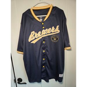 True Fan Milwaukee Brewers MLB Baseball Jersey Navy Blue Yellow Mens 2XL